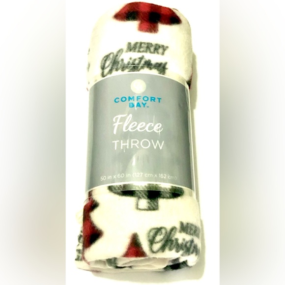 Merry Christmas Script Red Black White Check Tree Cream Fleece Throw Blanket NWT - Picture 1 of 5